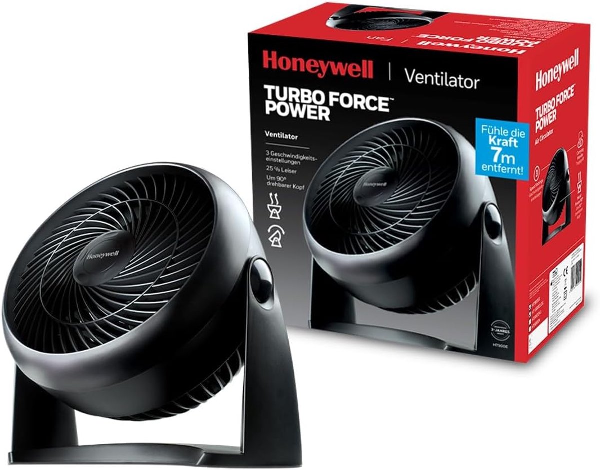 Krachtige Honeywell TurboForce-ventilator (stille verkoeling, 90° variabele kanteling, 3 snelheidsinstellingen, wandmontage, tafelventilator) HT900E