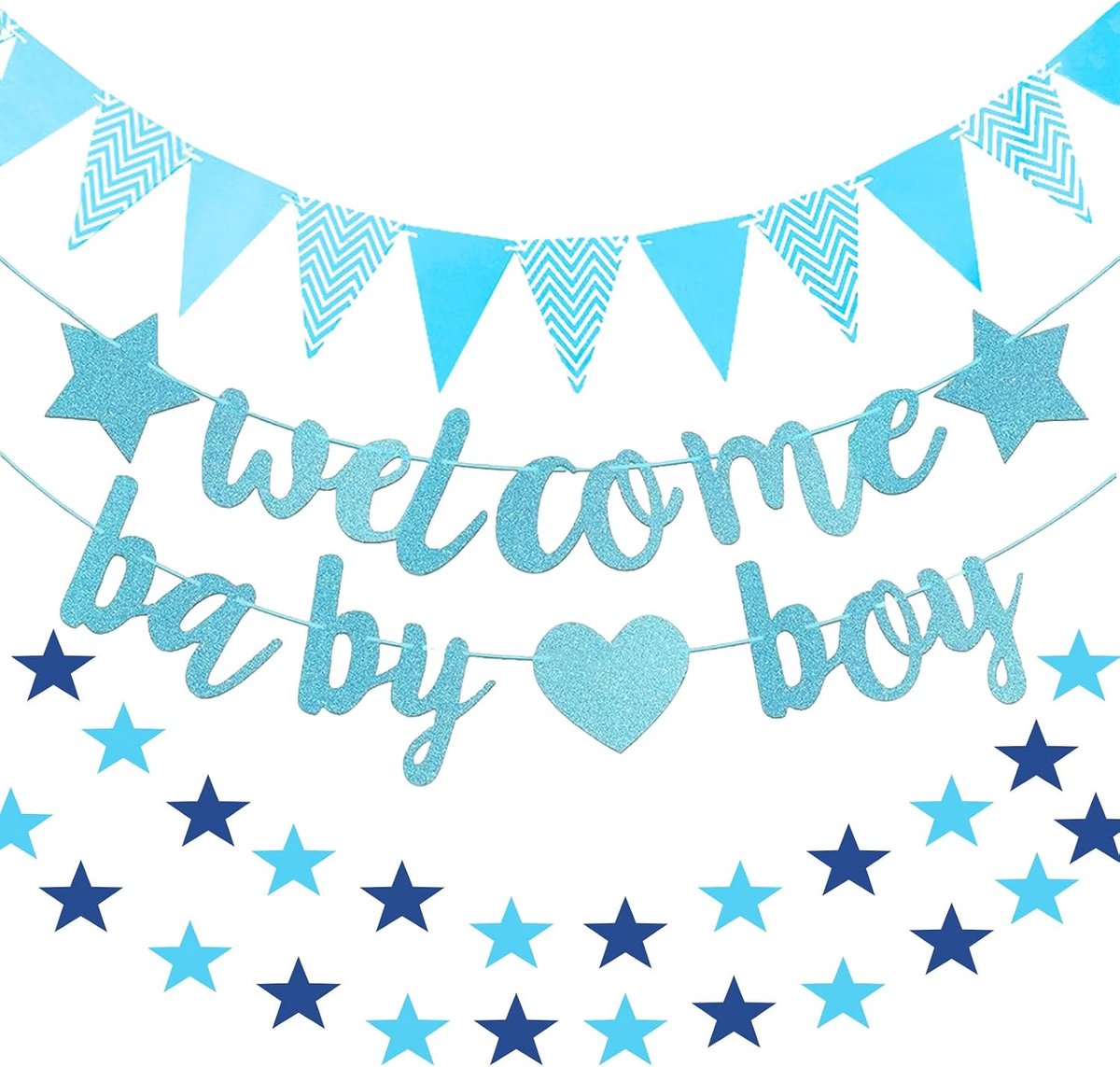 SnelShoppen - Welkom Thuis Baby Jongens Versiering - Banner, Bunting & Sterren Garlands - Blauw - Baby Shower Decoratie voor Jongens, Babykamer, Feest