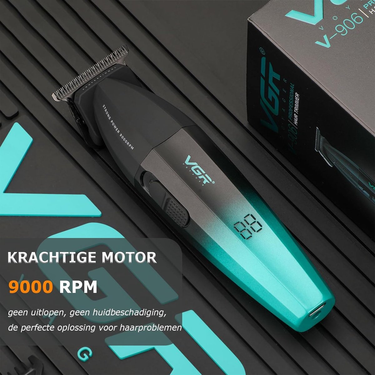 VGR V-906 Professionele Baardtrimmer & Hair Trimmer - 9000 RPM - Zero Gap DLC T-Blade - USB-C Oplaadbaar - LED Display - 240 Min Accu - Groen