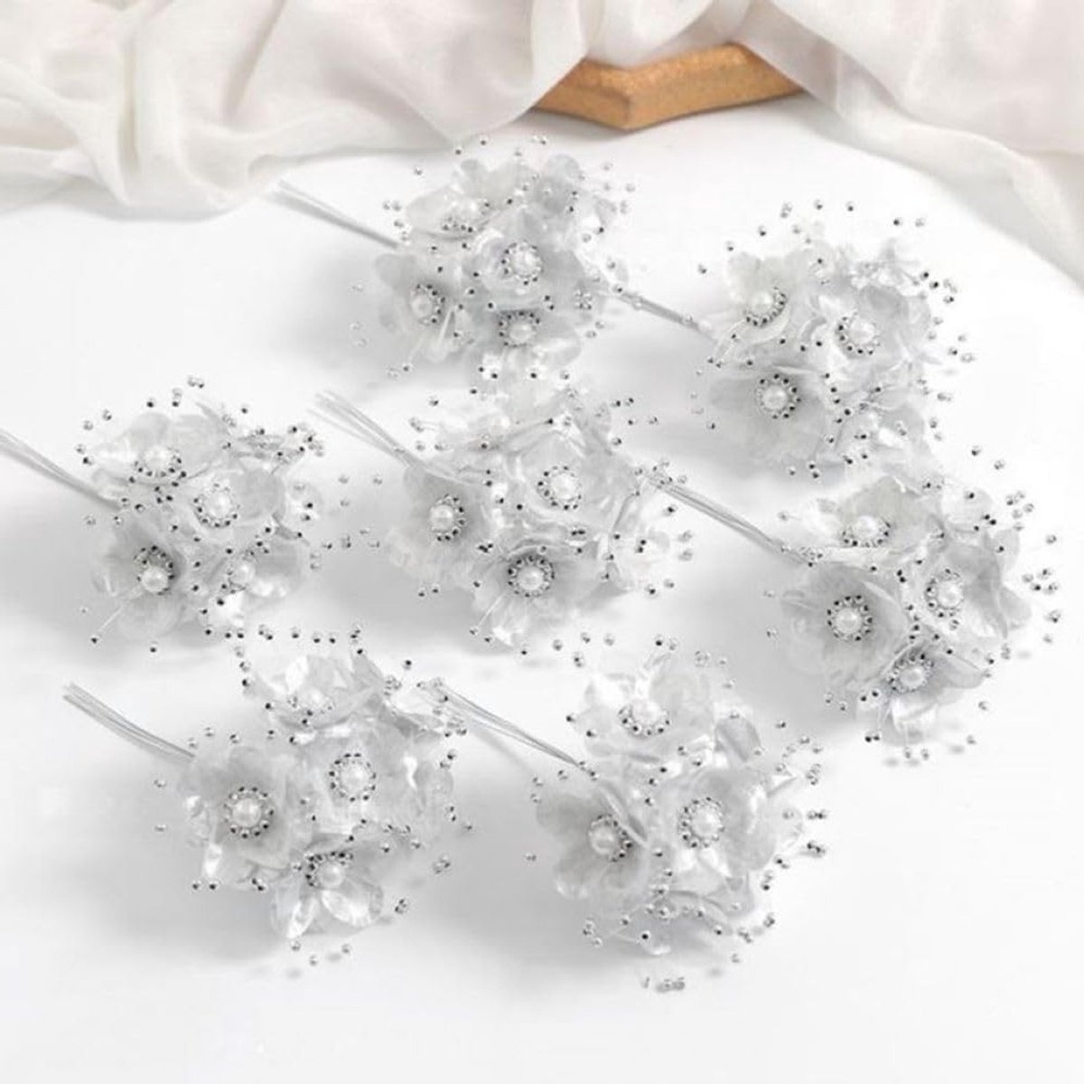 Metalen parel bloemen takken 36 stuks, 1,5 x 5 inch kunstmatige bloemen voor bruiloften, DIY ambachten en boeket decoratie in zilver