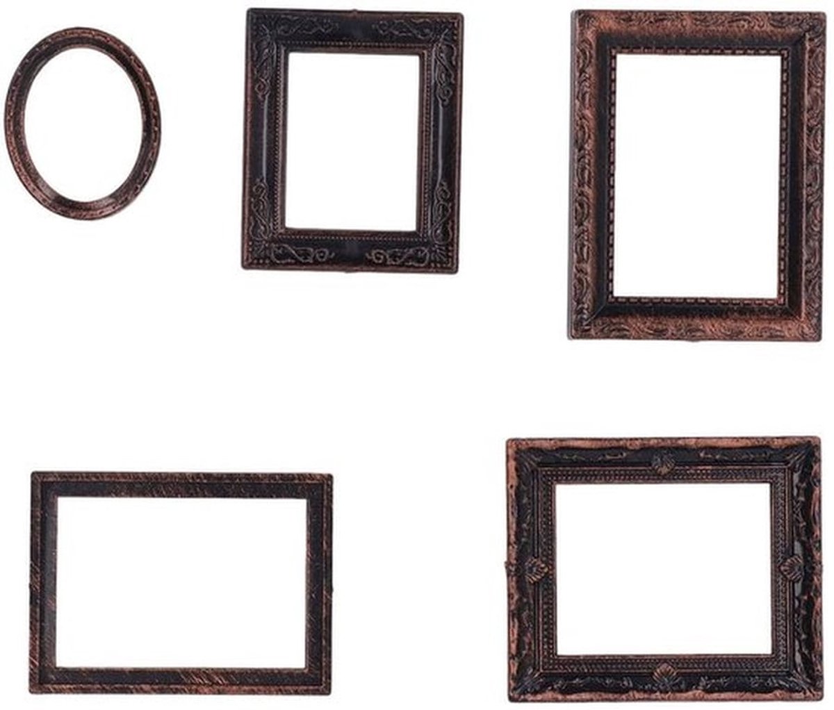 Miniatuur Fotolijst Vintage - 5 Stuks - Kunststof - Retro Design - Antiek Bronzen Frame - 7,7 x 6,3 cm - Poppenhuis Decoratie