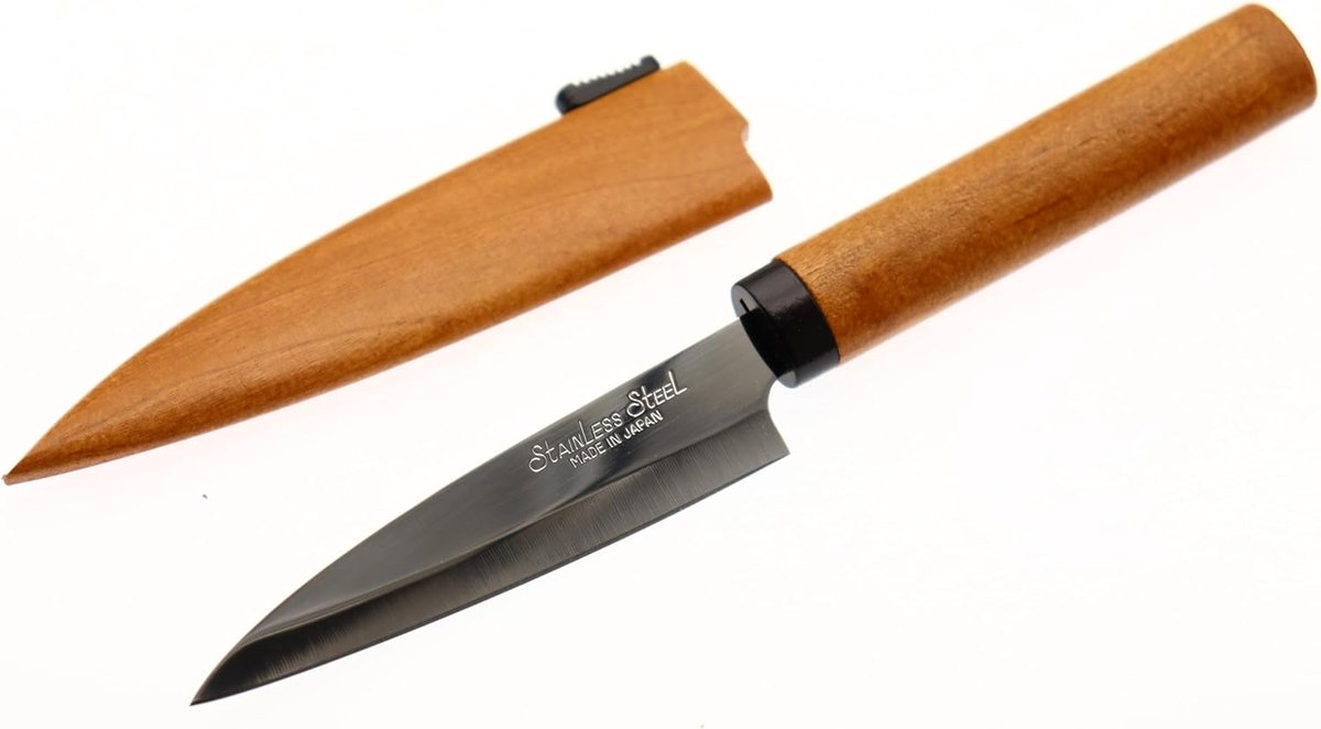 SnelShoppen - Japanse mes met houten schede 9cm - Camping, picnics, keuken - RVS snijmes voor groenten, fruit, klein en handzaam