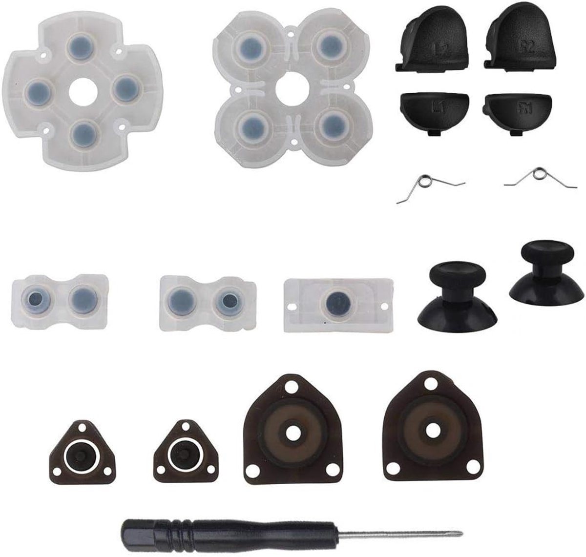SnelShoppen - PS4 Controller Accessoire Set - L1 R1 L2 R2 Trigger Knoppen + 2 Joystick Thumb Sticks + 2 Veertjes + Jelly Rubber + Schroevendraaier voo