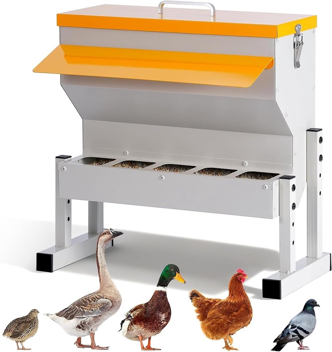 Automatische Voederdispenser voor Kippen met Verstelbare Poten, 16 L Capaciteit, Hangbare Metaalvoeder voor Pluimvee en Eenden, Duurzaam en Efficiënt