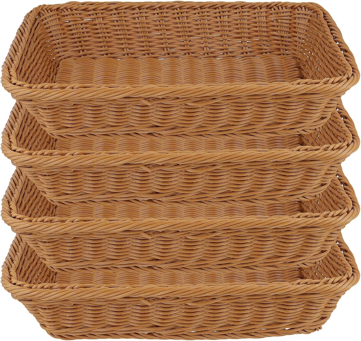 SnelShoppen - 4 Stuks Gevlochten Broodmanden, 35 x 25 x 7 cm, Bruin, Kunststof Broodmanden voor Keuken en Serveren, Ideaal voor Brood, Rollen en Fruit