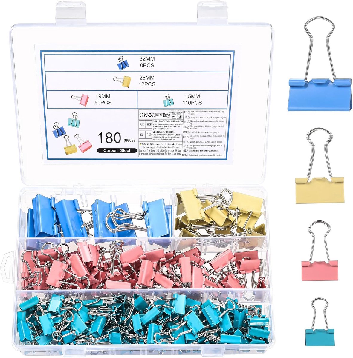 SnelShoppen - 180 stuks foldback klemmen, grote papierklemmen, metalen bindclips, multifunctionele klemmen voor kantoor, school, documenten, notities