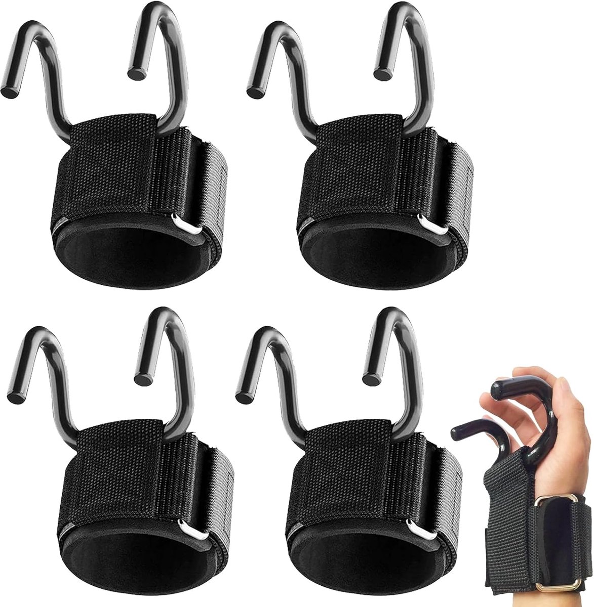 SnelShoppen - 4 Pcs Gewichtheffen Haak, Premium Polssteun, Lifting Straps voor Pull-up Fitness, Krachttraining, Bodybuilding Workout - Zwart