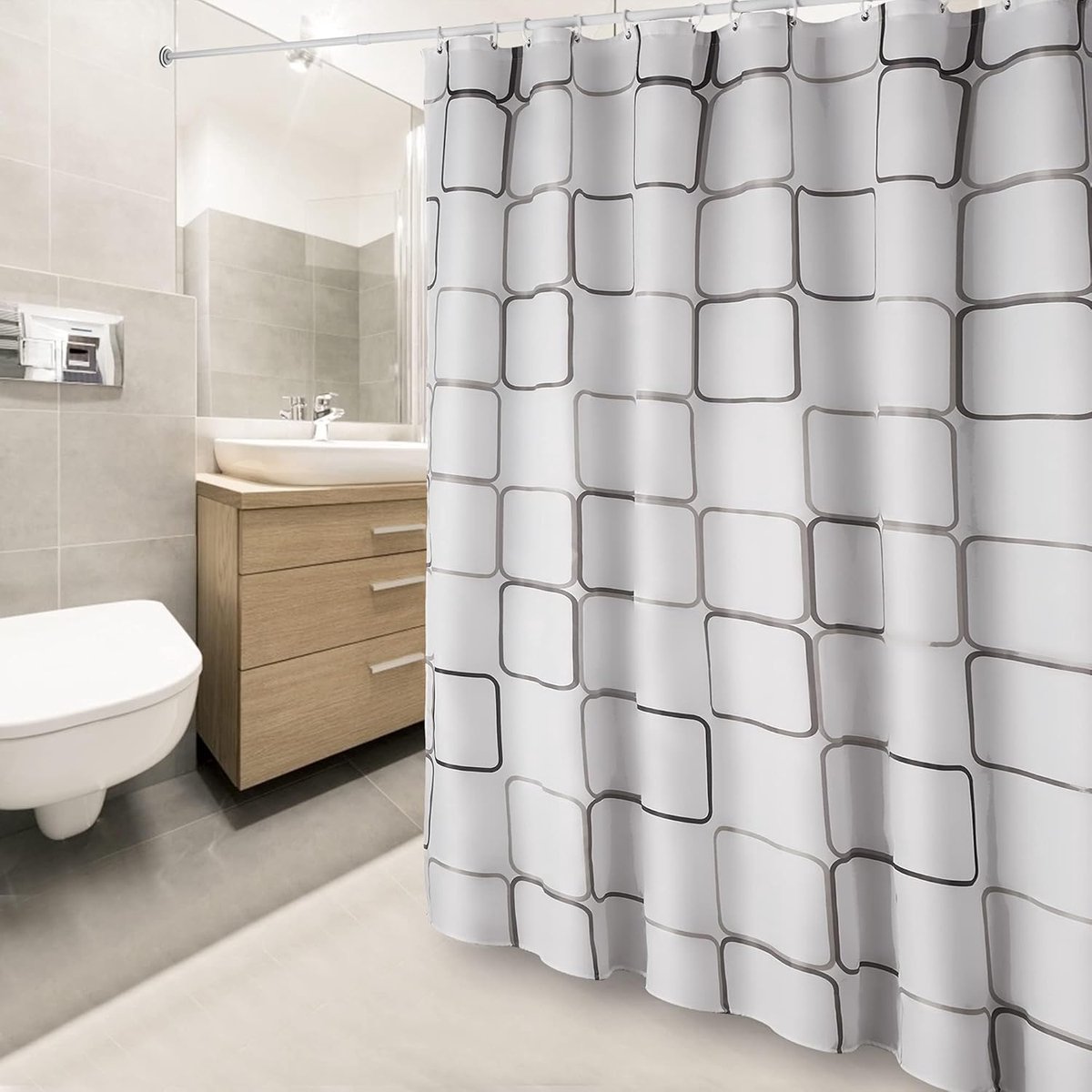 SnelShoppen - Douchegordijn Waterdicht Wasbaar Sneldrogend 180x200 cm Translucent Wit Polyester Badgordijn met 12 Ringen