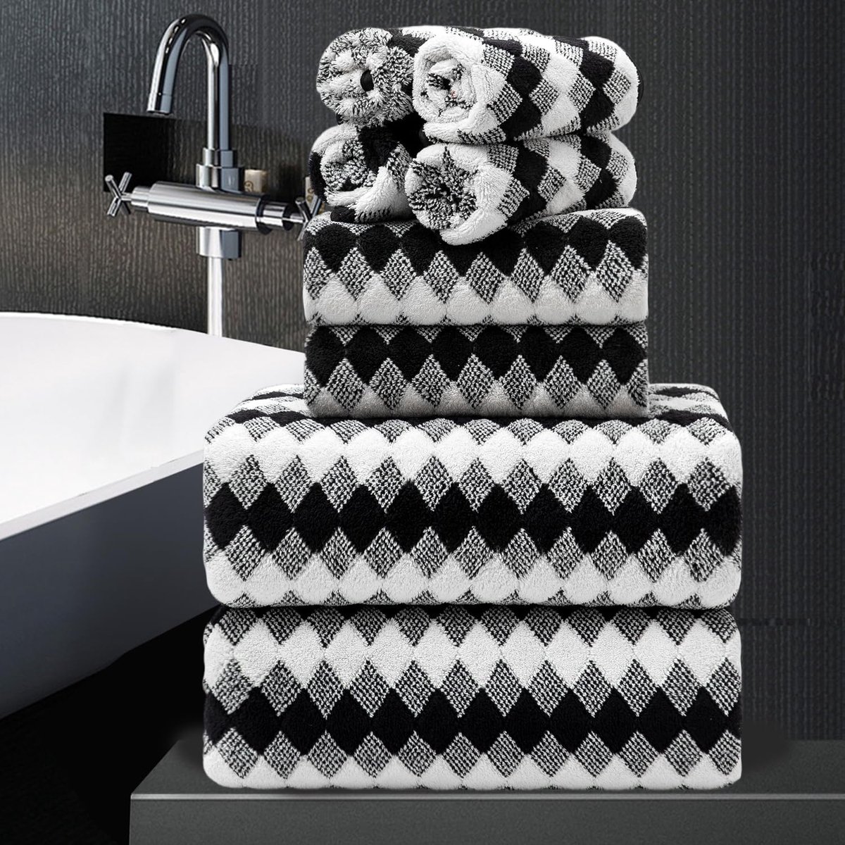 SnelShoppen - 8 Delige Badhanddoek Set Zwart Wit | 2 Extra Grote Badhanddoeken, 2 Handdoeken, 4 Washandjes | 600GSM Zachte, Sneldrogende Handdoeken vo