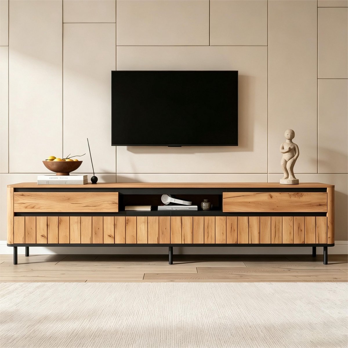 Pugsdrly TV-kast 180x40x52 cm, TV-lowboard, TV-kast, met 2 lades en 2 klapdeuren, 6 metalen poten, draagvermogen tot 30 kg, moderne TV-kast voor de woonkamer, entertainmentcentrum voor 75 inch, natuurlijke houtkleur