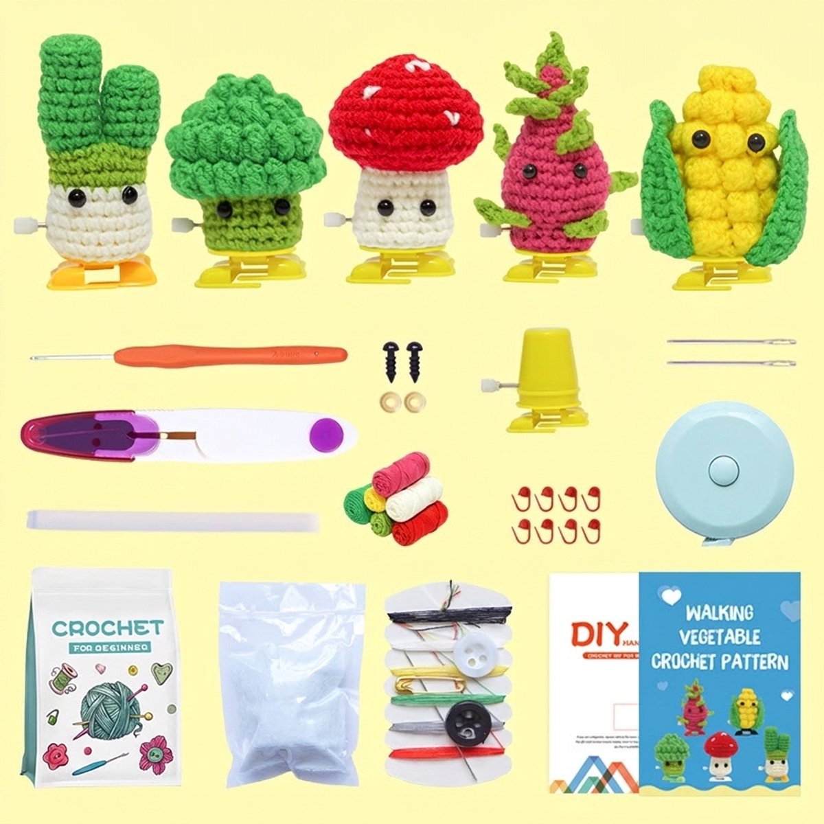 Ryoudavell - DIY Haakset voor Volwassenen - 5 stuks groente in pot - Haakpakket voor beginners - Haakpakket Dieren - Beginners haakset - Amigurumi haakpakketten(extra garen)