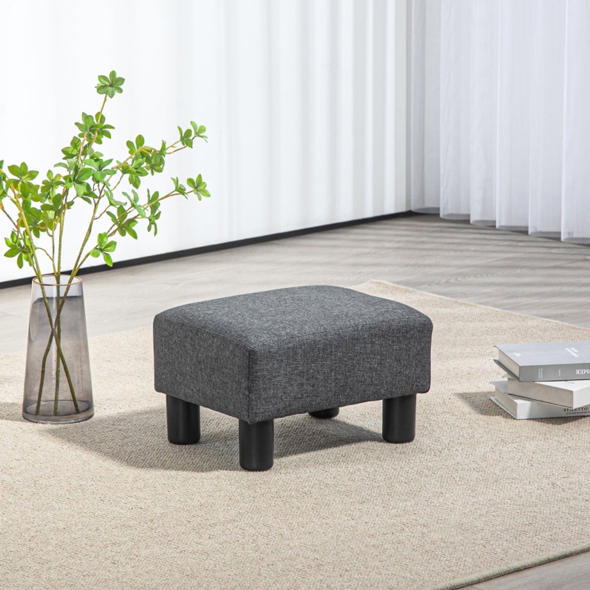 MIVRAY Voetenbankje – 40 x 30 x 24 cm – Zachte Stoffering met Linnenlook – Stof en Hout – Donkergrijs – Voor Woonkamer en Slaapkamer