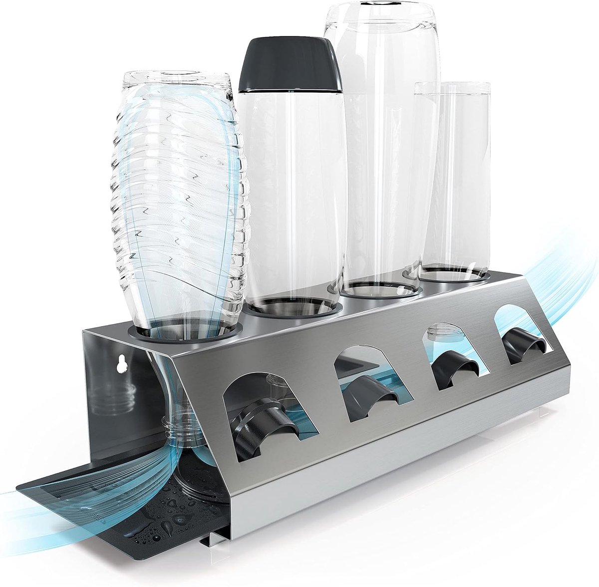 SnelShoppen - Premium Flessenhouder met Lekbak voor SodaStream Duo Crystal - Roestvrij Staal - Afdruiprek incl. Dekselhouder - 4 Stuks - Vaatwasmachin