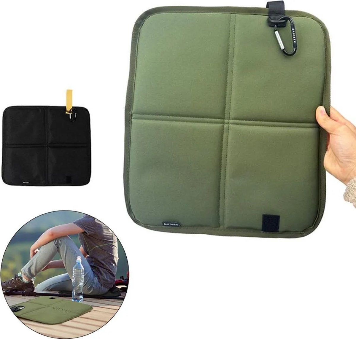 Deze set van twee opvouwbare buitenkussens is waterdicht en warm, met een afmeting van 35,5 x 31 cm. Ze zijn Geschikt voorzien van een karabijnhaak Geschikt voor eenvoudig opvouwen