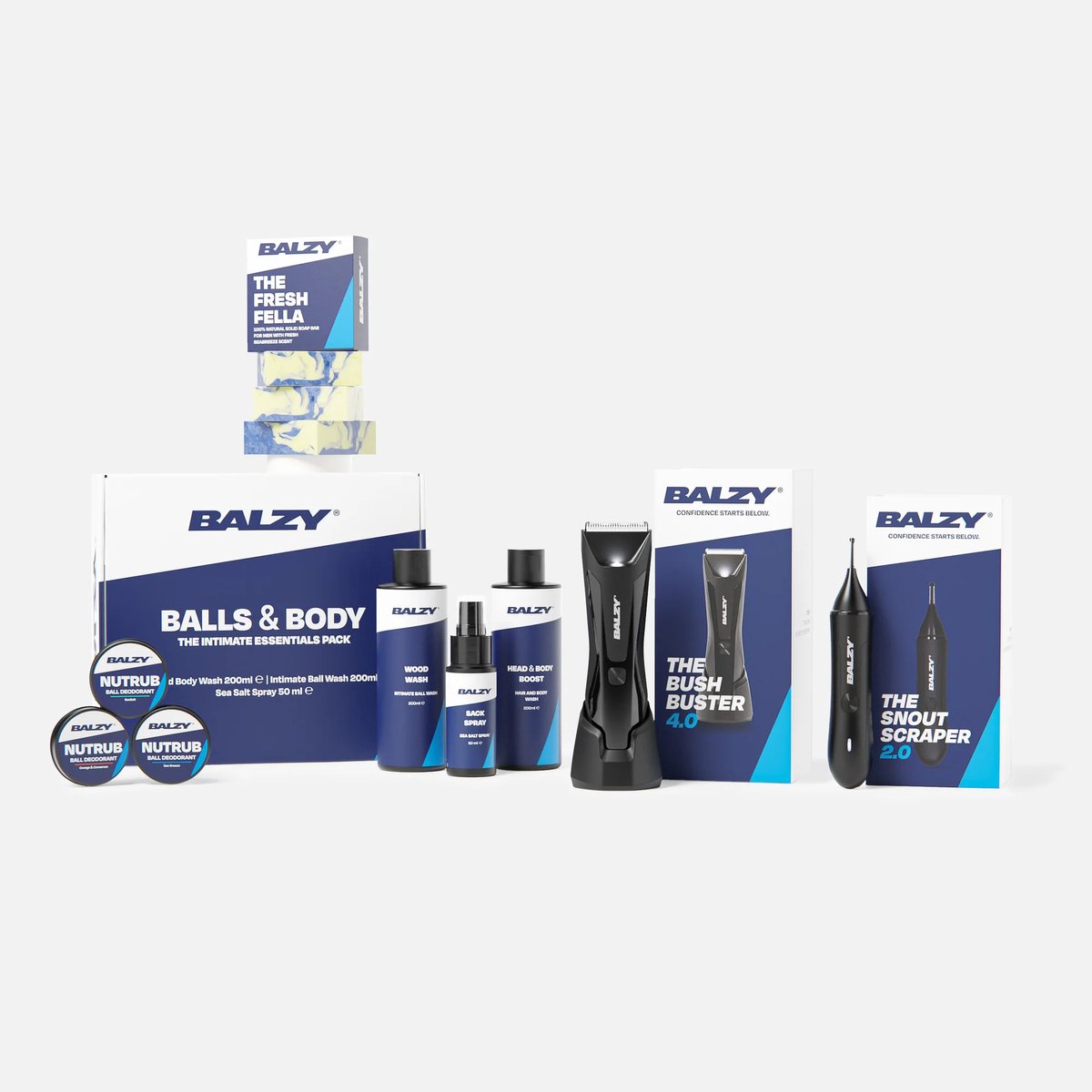 BALZY® Perfect Package 4.0 – Complete Grooming Set voor Mannen – Bodygroomer, Neus- en Oortrimmer, 3 Natuurlijke Soap Bars, Douchegel, Intieme Spray & Zeep voor Billen en Ballen – Geschenkset voor Verzorgde Mannen