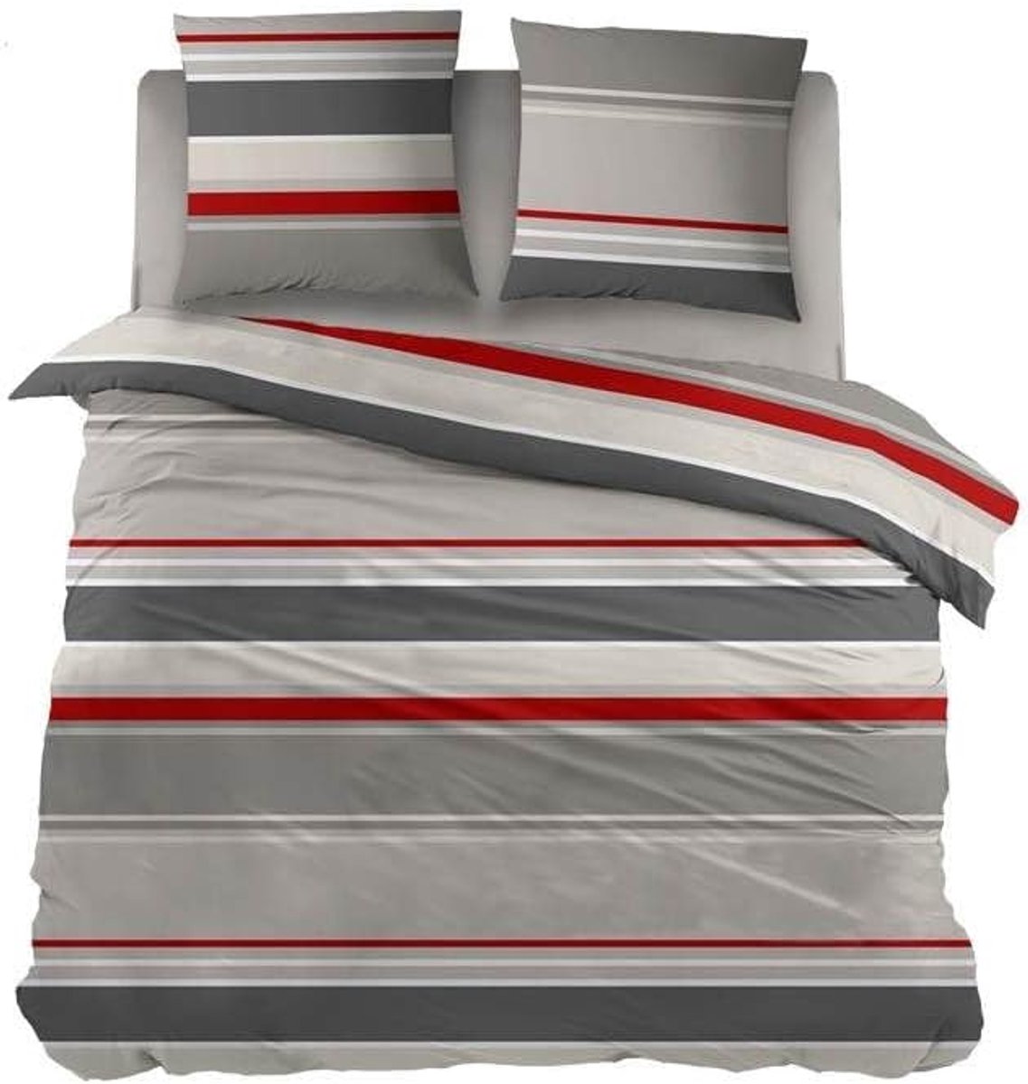 SnelShoppen - Flanellen Dekbedovertrek Lits-Jumeaux 240x200/220 cm met Kussenslopen 65x65 cm - Grijs, Stripes, 100% Katoen, Geschikt voor Wasmachine e