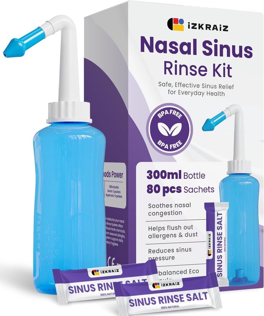 SnelShoppen - Neti-potfles 300 ml + 80 Zoutoplossingen, Sinusspoelsysteem voor Volwassenen en Kinderen, Natuurlijk en Medicijnvrij, PH-Gebalanceerde N