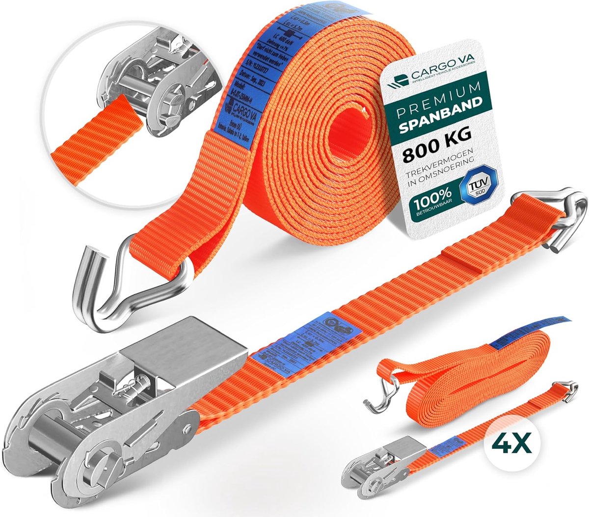 SnelShoppen - CargoVA Ratchet Strap Set van 4 - 25 mm x 4 m - Breekweerstand 800 kg - Oranje Lashing Straps voor Veilig Transport en Bevestigen
