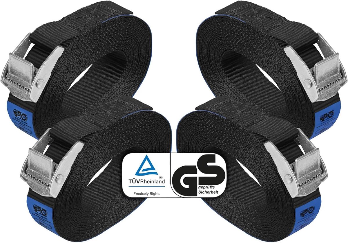 SnelShoppen - Lashing straps spanbanden met klemgesp - zwart - 4 stuks 2,5 cm x 4 m - tot 250 kg belasting - ideaal voor camping, transport en opslag