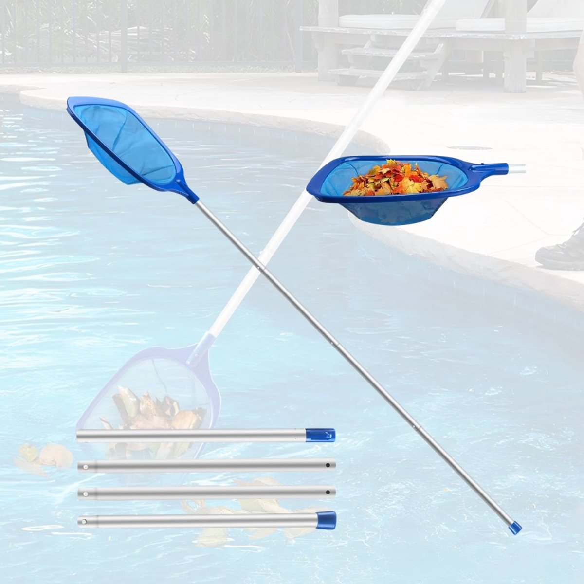 ApexArte® Zwembad Schepnet - Bladzuiger Set - Water Oppervlak Reinigen - Verstelbare Telescoopsteel - Blauw