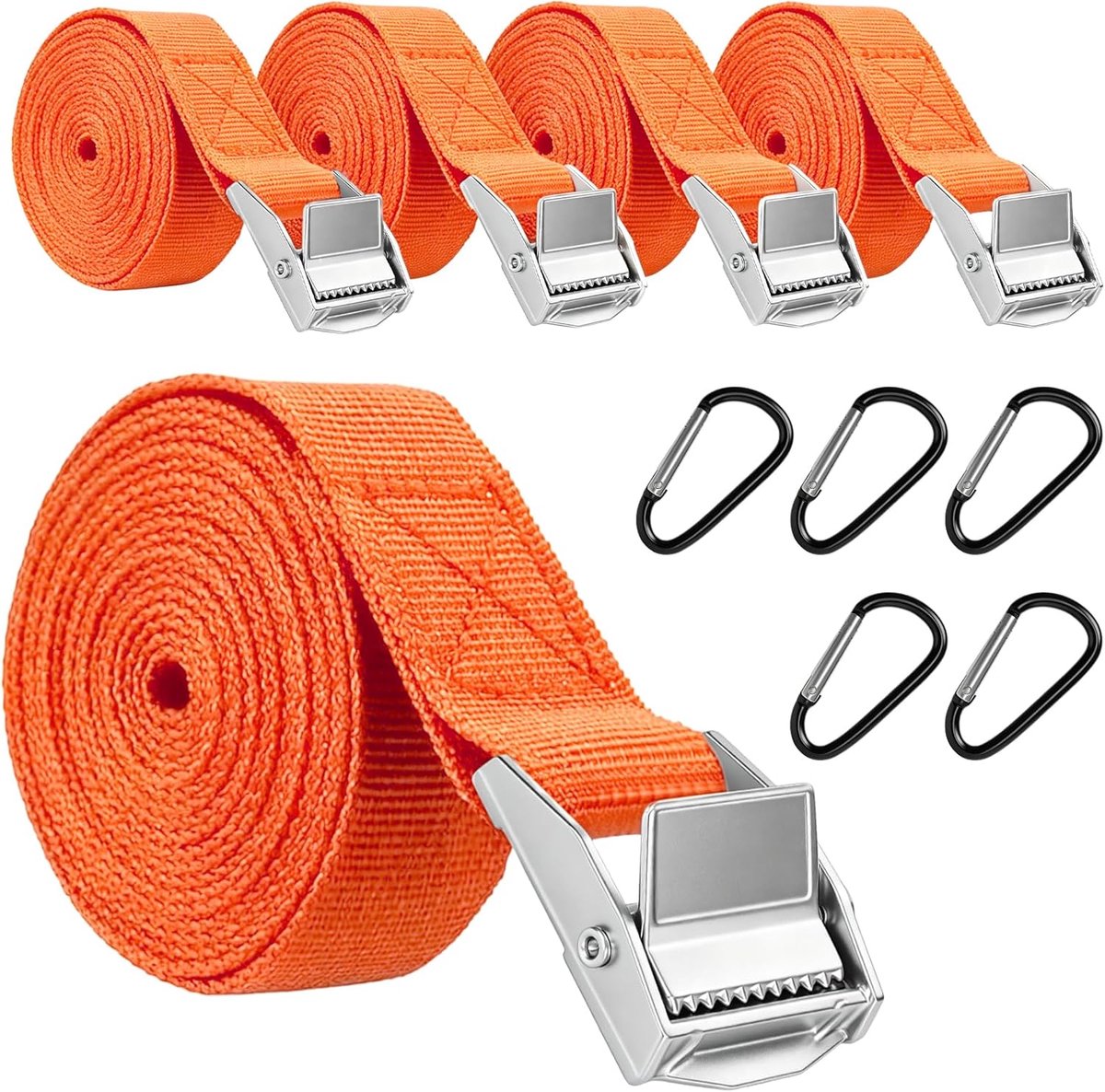 SnelShoppen - Lashing Belt 5 Stuks 1.5 Meter Hoogdruk Lashing Straps met Ratchet en Carabiners voor Fietsendrager, Auto en Motor (Oranje)