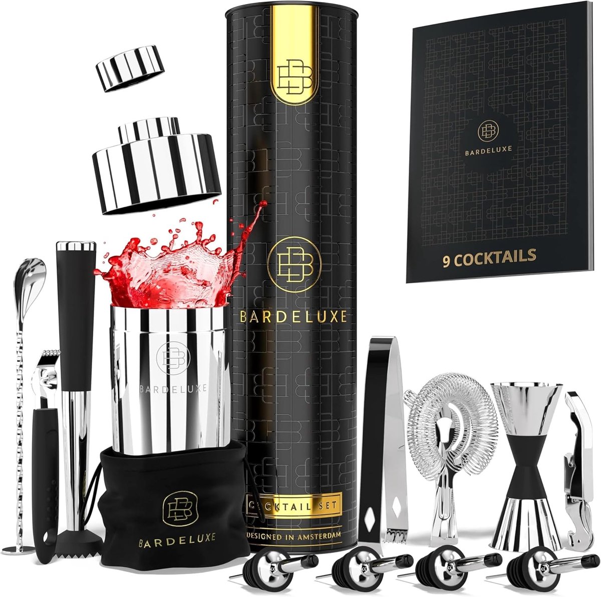 SnelShoppen - 12-Delige Cocktail Set - Cocktail Shaker 750ml van RVS - Inclusief Luxe Cadeaubox, Opbergzak & Receptenboek - Perfect voor Feest, Thuis,