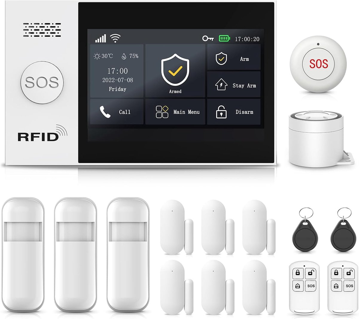 SnelShoppen - 4.3'' Touch Screen Alarm Kit 16-delig, 4G/WiFi Huisbeveiligingssysteem met 120DB Sirene, Deur- en Raamsensoren, Bewegingsdetector, Afsta