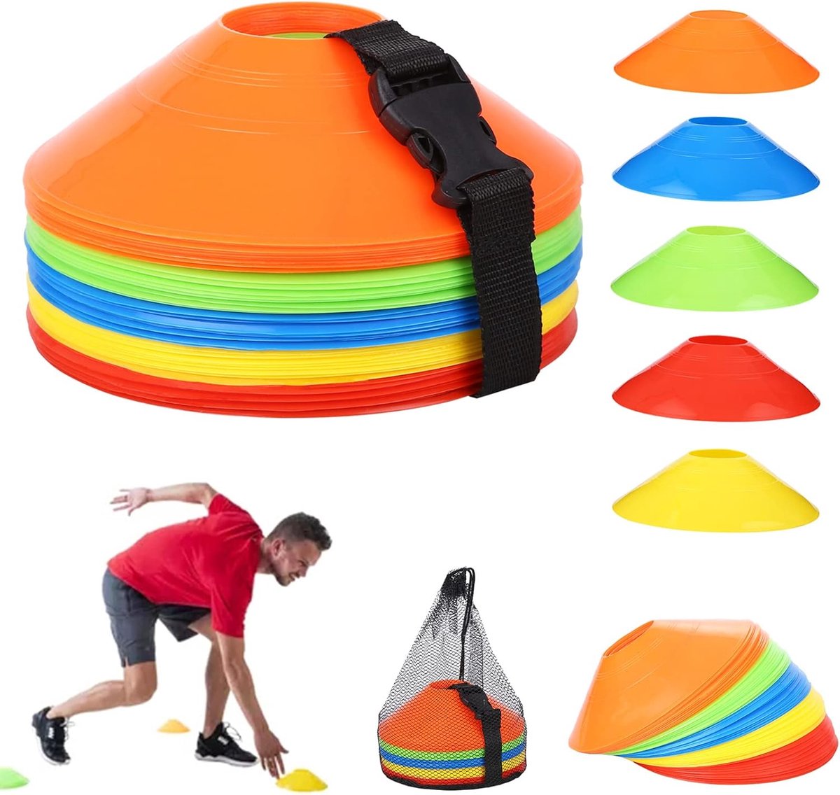 SnelShoppen - 50 Pcs Sportmarkeringen Cones met Buckle Straps, Mesh Pocket, Voetbal Cones Set voor Hockey, Schaatsen, Handbal en Coördinatietraining (