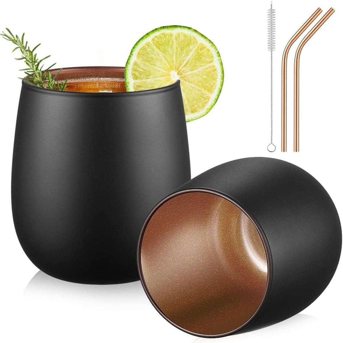 SnelShoppen - Set van 2 Matte Zwarte Drinkglazen 450 ml met Rose Gouden Binnenkant, Borosilicaat Latte Macchiato & Theeglazen, Vaatwasserbestendig, Pe