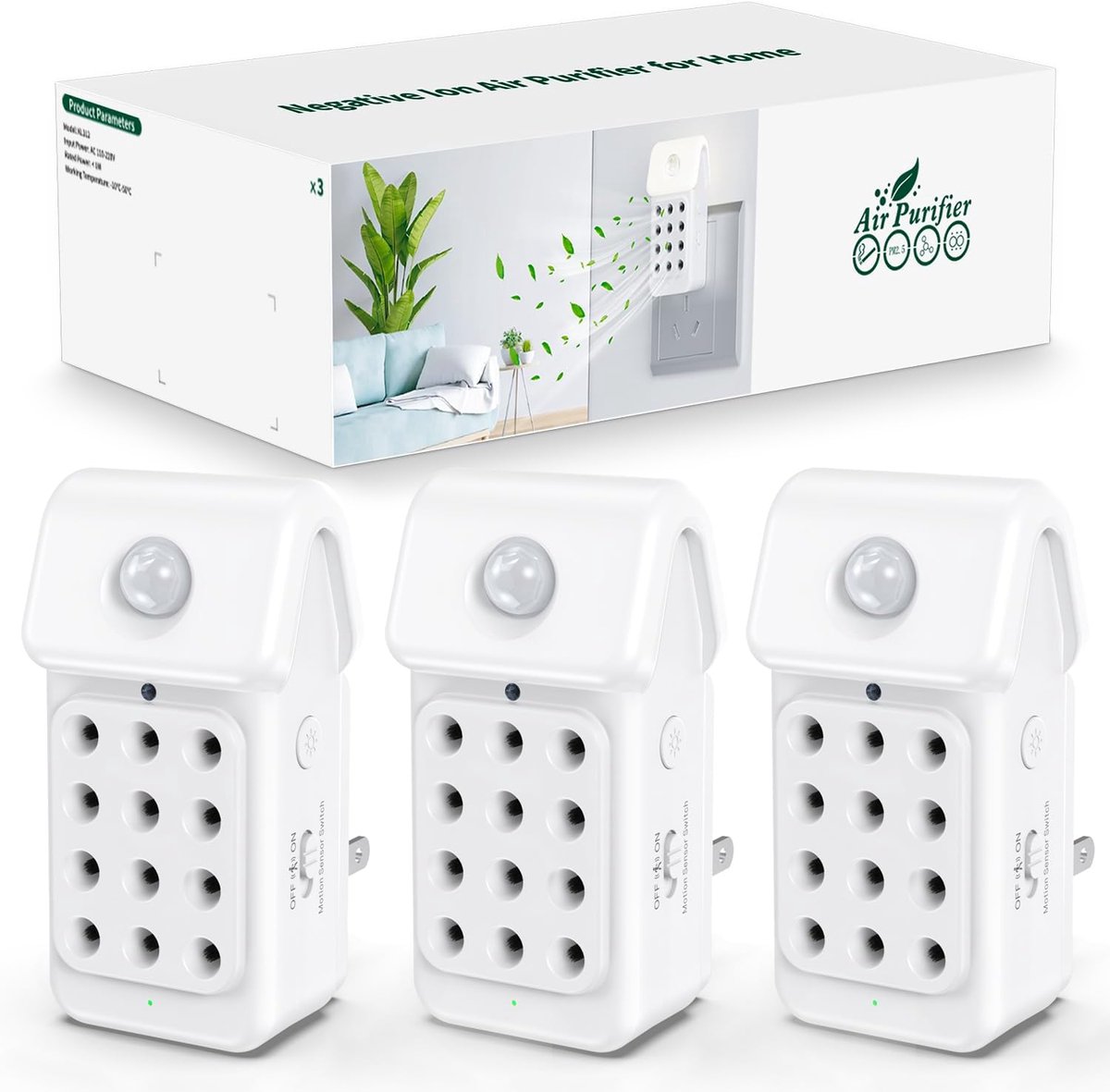 SnelShoppen - Anti-allergene Luchtzuiveraar - Ionisator met Lichtsensor - Set van 3 - Geschikt voor Roken, Keuken, Badkamer en Huisdieren - Effectieve