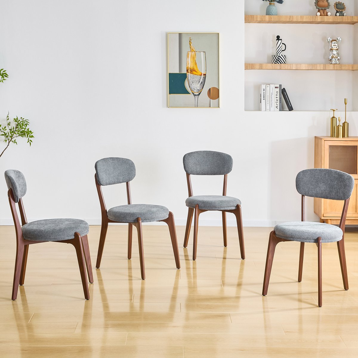 COVREO eetkamerstoel set van 4 48,5 x 84 cm - grijs, linnen stof, gewatteerde zitting