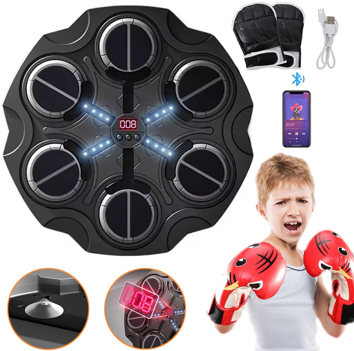 Muziekboksmachine Voor Kinderen - Slimme Muzikale Boksmachine Met Handschoenen - Bluetooth-Boksmat - Trainingsapparaten Voor Wanddoelen