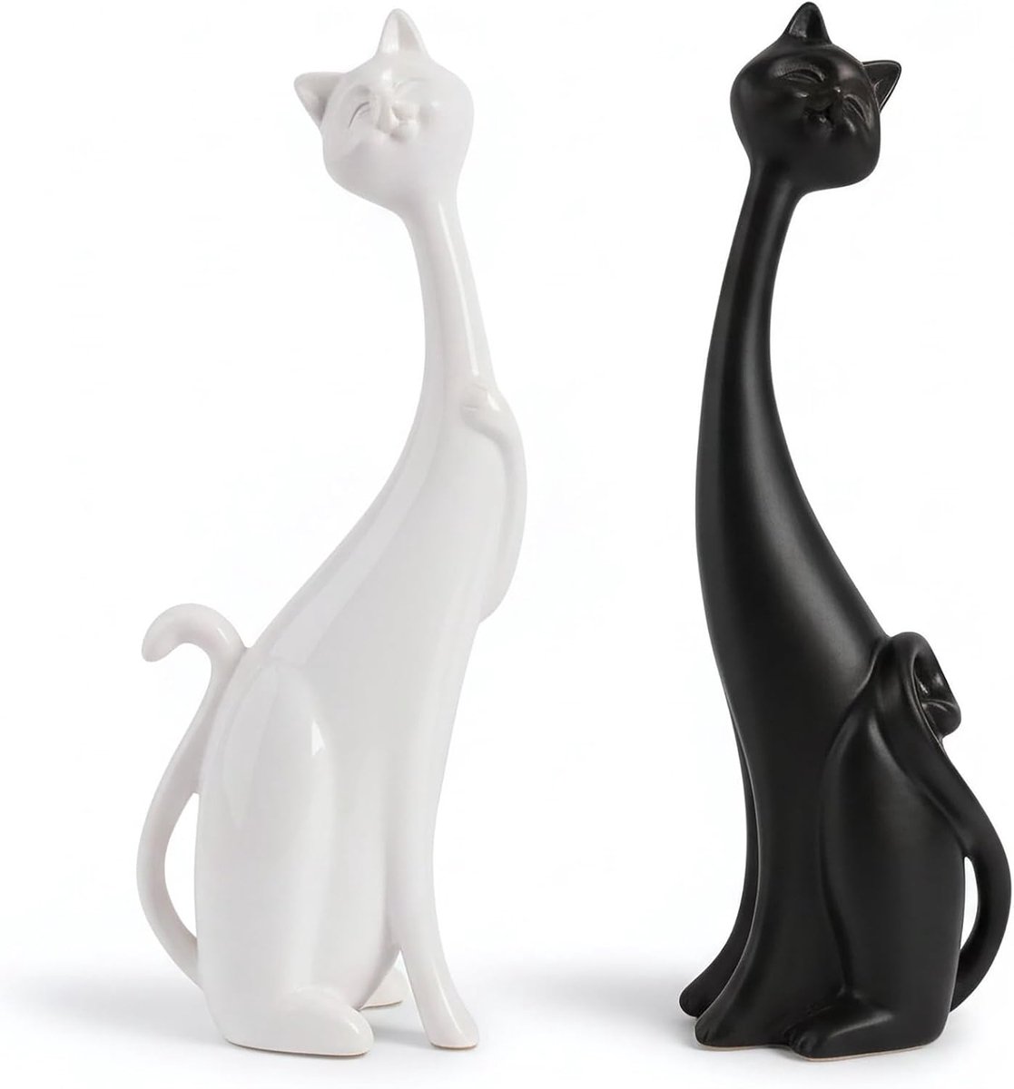 SnelShoppen - 2 Stuks Masteymoh Kunstzinnige Kat Figuren van Resin voor Bureau en Tafel Decoratie - Zwart en Wit - Perfect voor Thuis, Kantoor, Feest