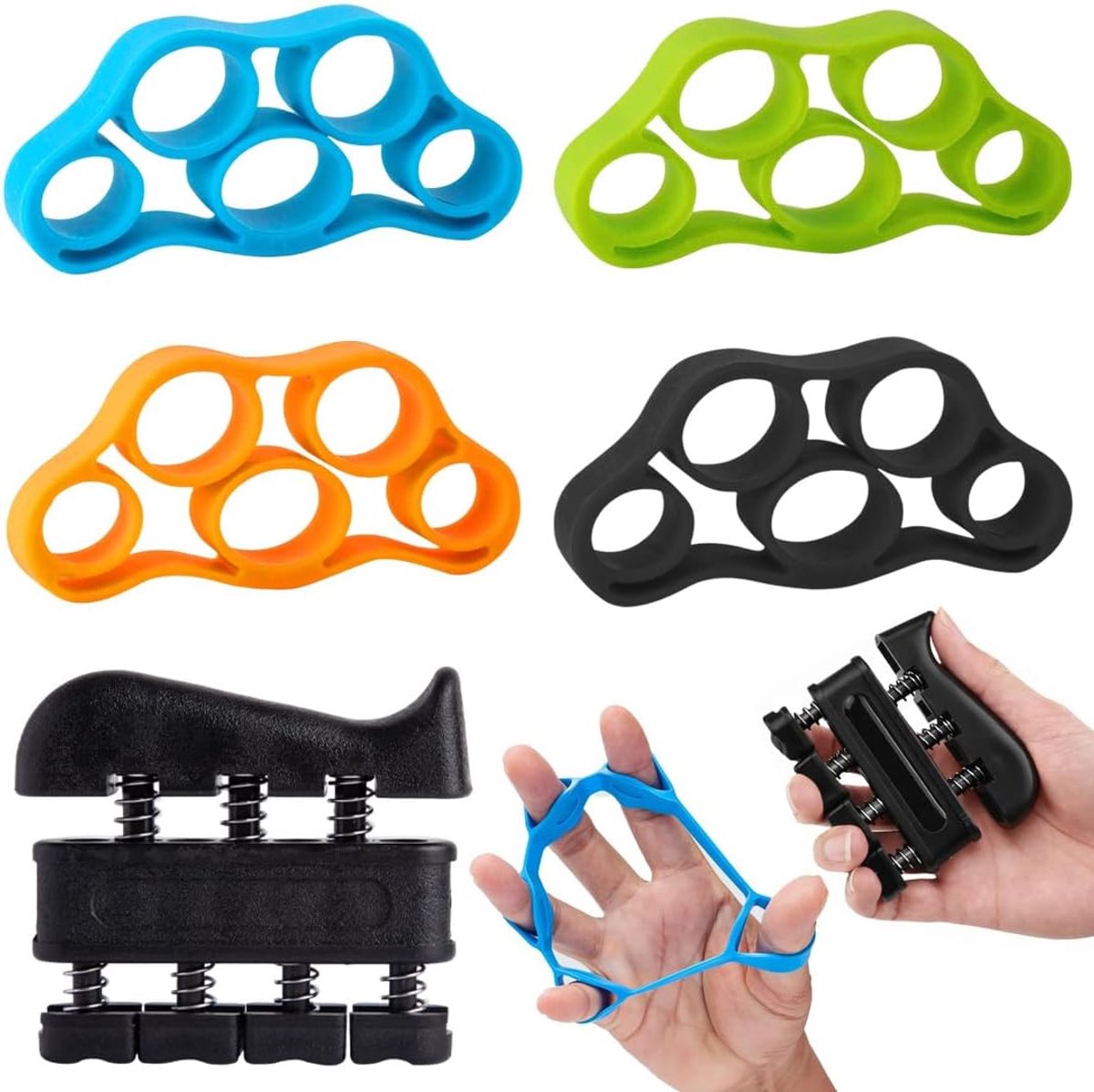 SnelShoppen - Pack van 5 Finger Trainers Grip Trainer voor Handkracht, Voorarmversterker in Kleuren Blauw, Zwart, Oranje en Groen voor Effectieve Oefe