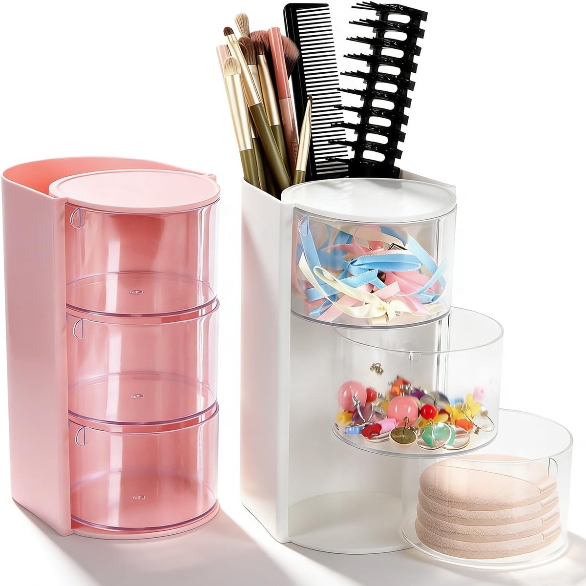 SnelShoppen - Dressing Table Organizer met 180° Rotatie, 3 Laags Makeup Organizer, Haarknipjes, Sieraden, 2 Stuks, Transparant Plastic, Perfect voor K