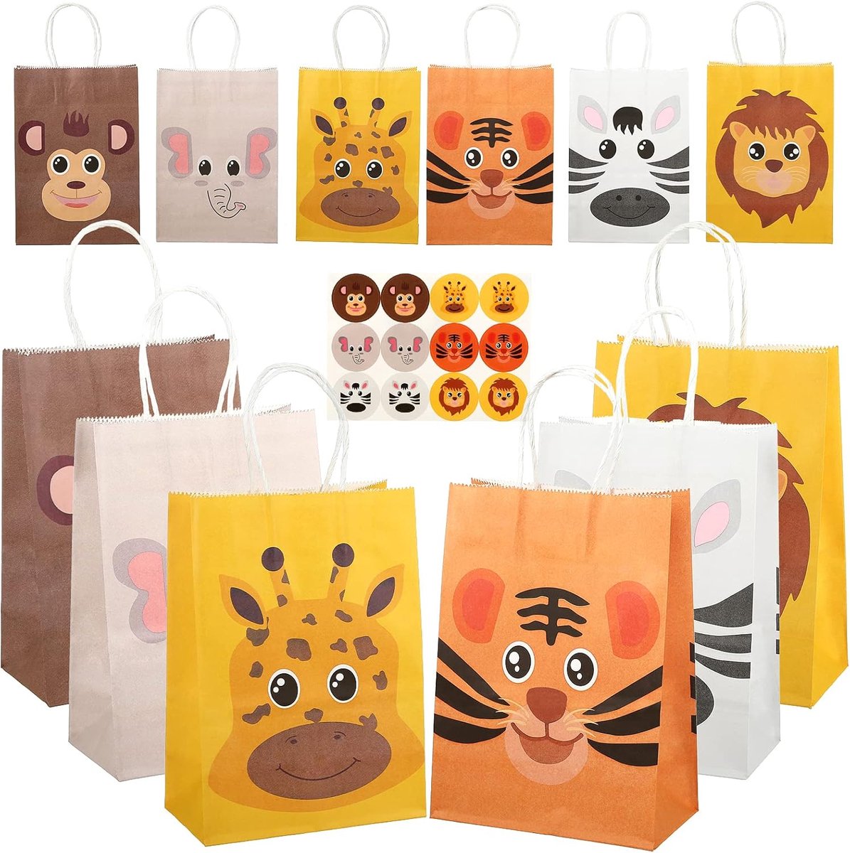 SnelShoppen - 12 Dieren Papier Tassen met Handvat, Kleurvolle Cadeautassen van Kraft Papier voor Verjaardagsfeestjes, Inclusief 12 Dieren Stickers voo