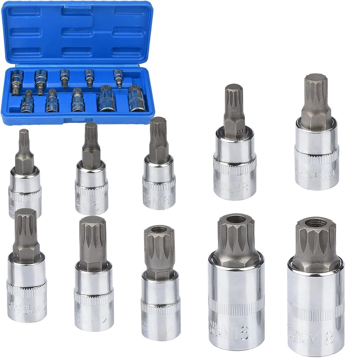 SnelShoppen - 10-delige Spline Socket Set met Diverse Maten en Vierkante Aandrijving M4 tot M18 - Chrome Vanadium Staal voor Thuisonderhoud en DIY