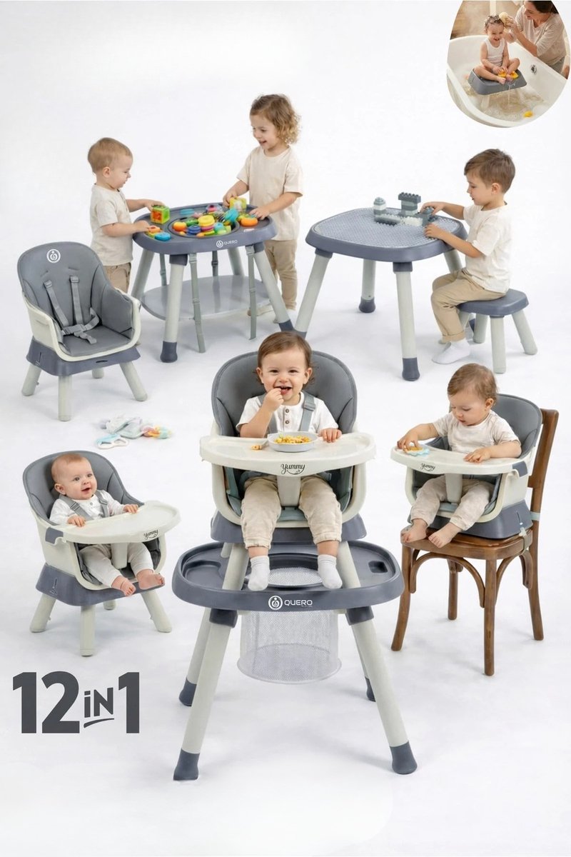 Yummy 12-in-1 Kinderstoel Donkergrijs – Multifunctioneel met Speelblad & Werktafel