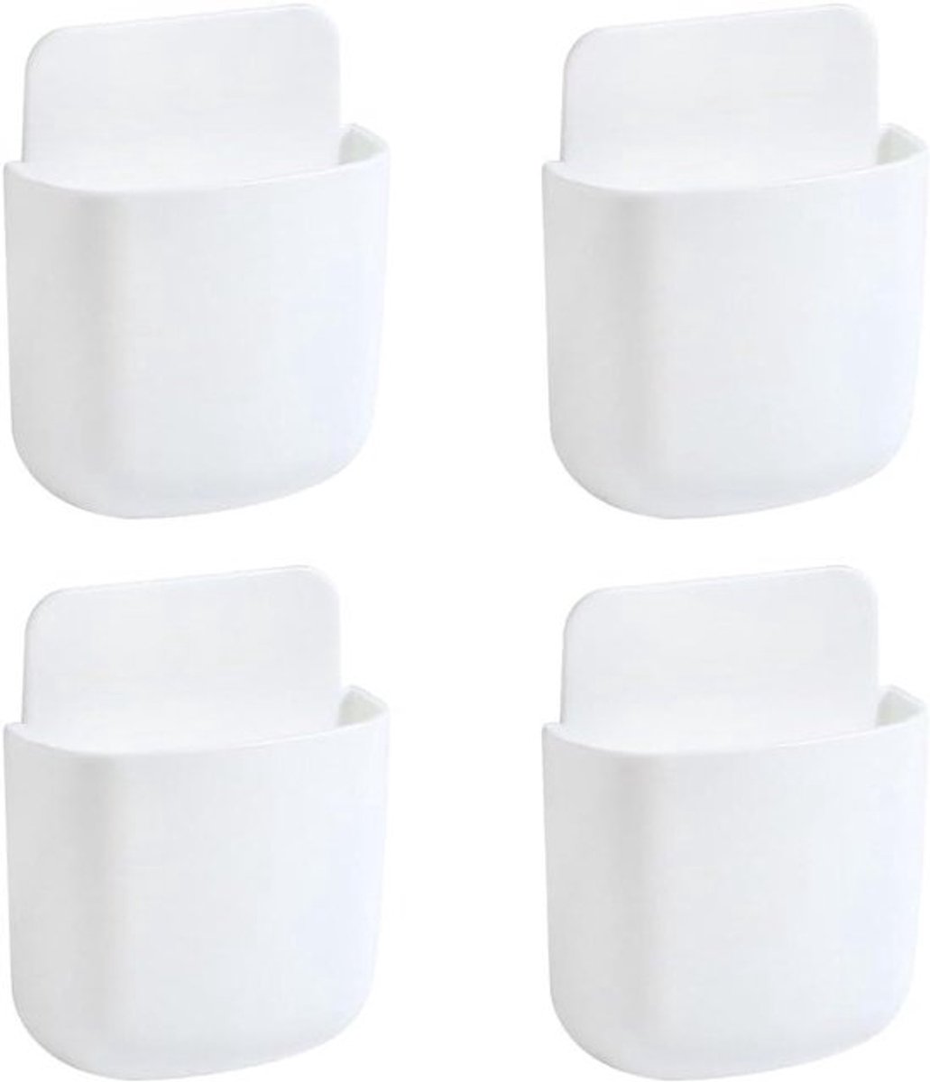 Witte opbergdoos voor afstandsbediening en telefoonoplader - Wandmontage met zelfklevende houder voor afstandsbediening, potlood en mobiele telefoon