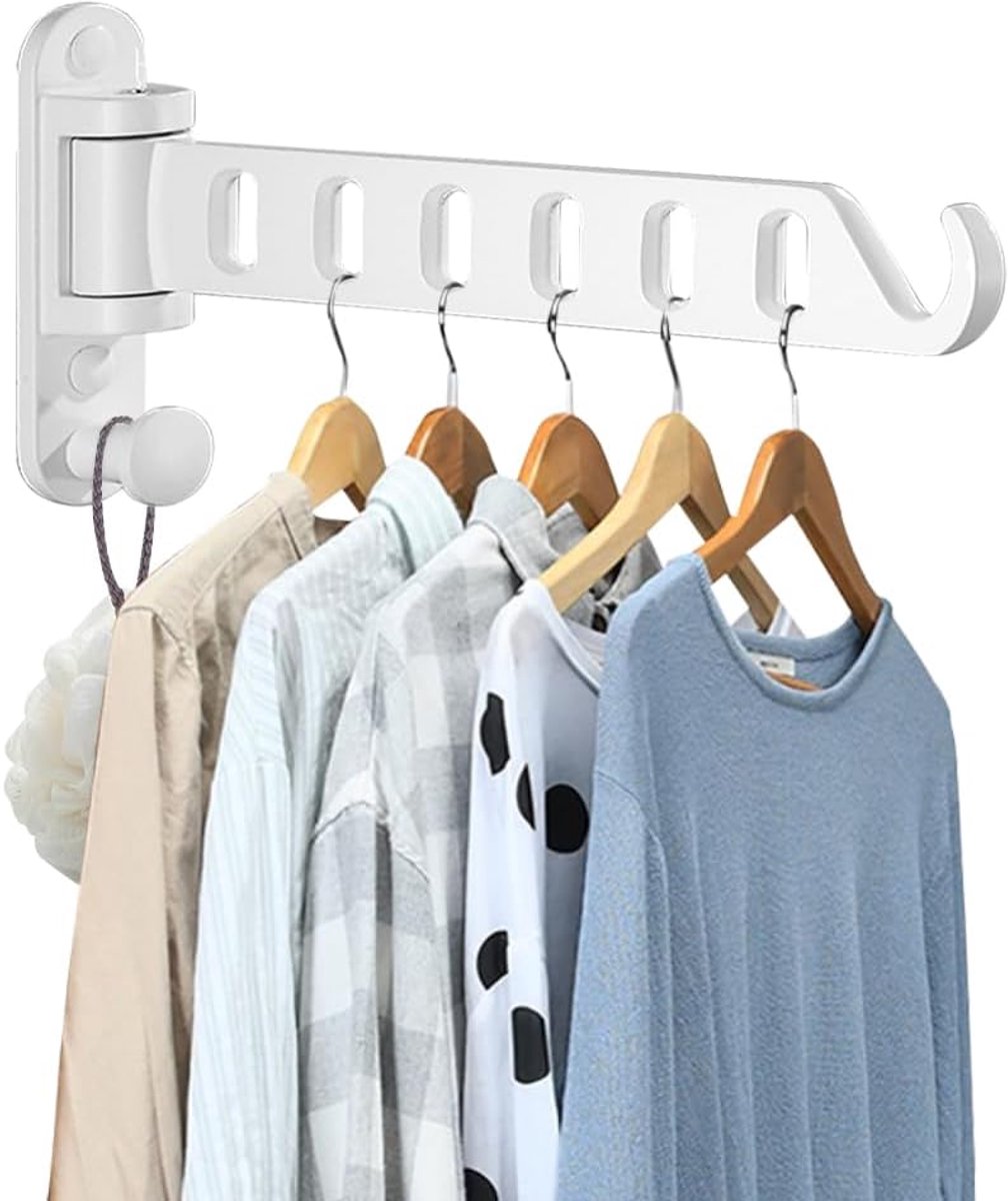 SnelShoppen - Vouwbare Kledinghaken - 180° Draaiende Aluminium Kledingrail - Wandhaak - Haakstrip voor Keuken, Badkamer, Slaapkamer, Balkon - Wit