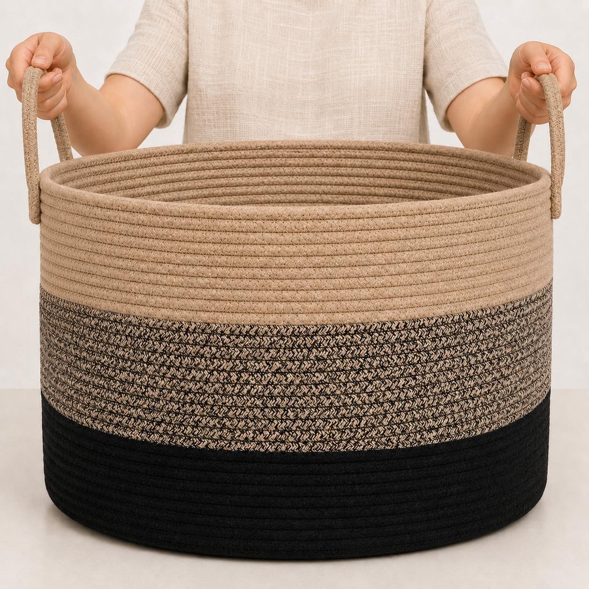 Thijox - XXL Katoenen Dekenmand Touw Opbergmand voor Organisatie, Wasmand en Kinderkamer - 50x33cm - 3 Tinten Bruin