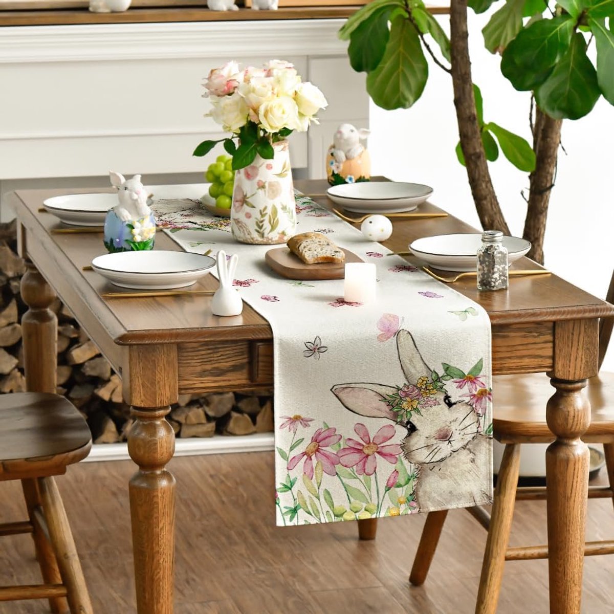 SnelShoppen - Tafelrunner met Roze Bloemen en Konijn - Seizoensgebonden Lente Decoratie - Wasbare Tafelkleed voor Keuken en Eetkamer - 40 x 240 cm