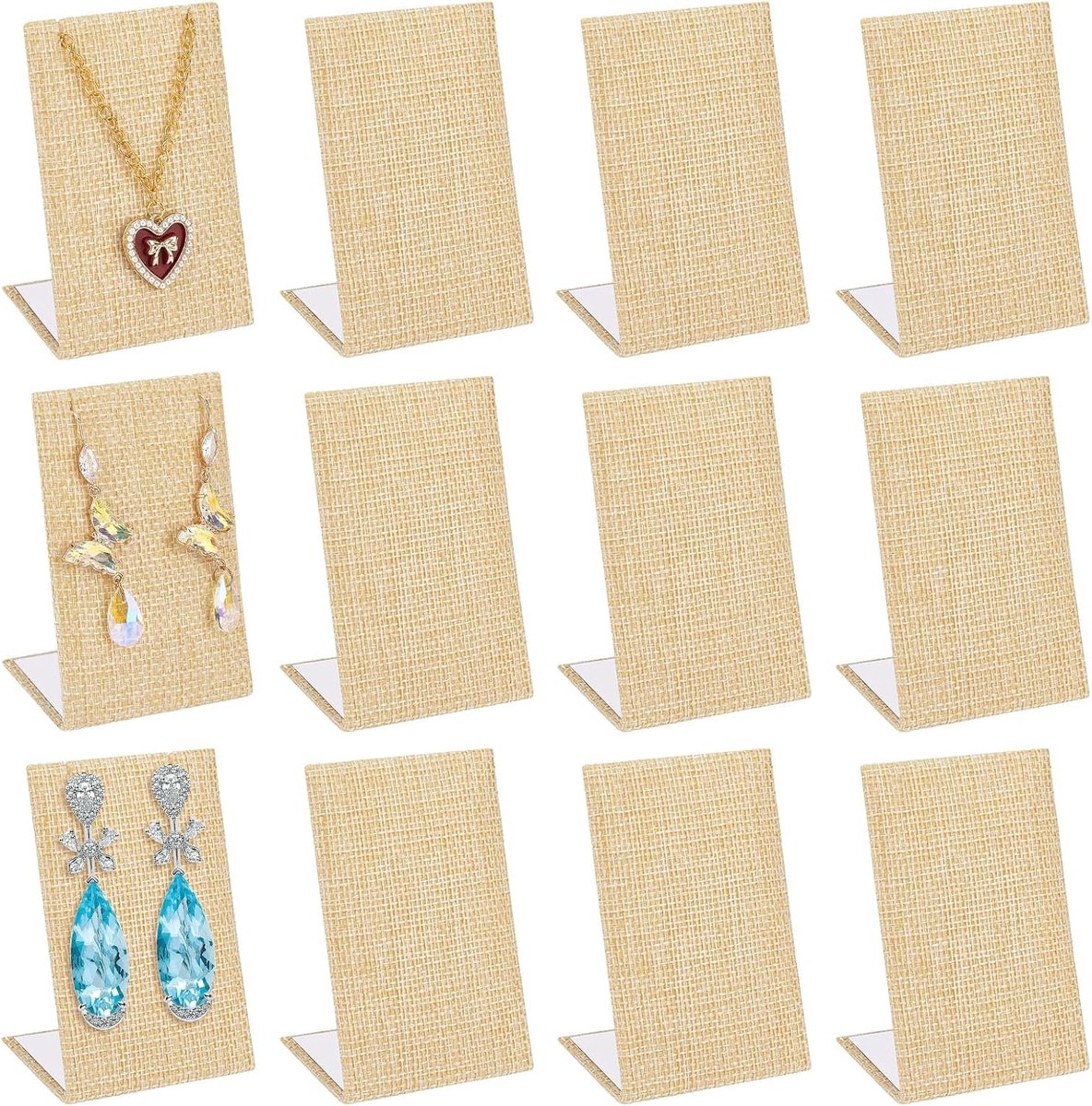 SnelShoppen - 12-delige Earring Display Stand Set, Natuurlijke Linnen Oorbelopberger, L-vormige Sieraden Display Standaard voor Oorbellen en Cufflinks