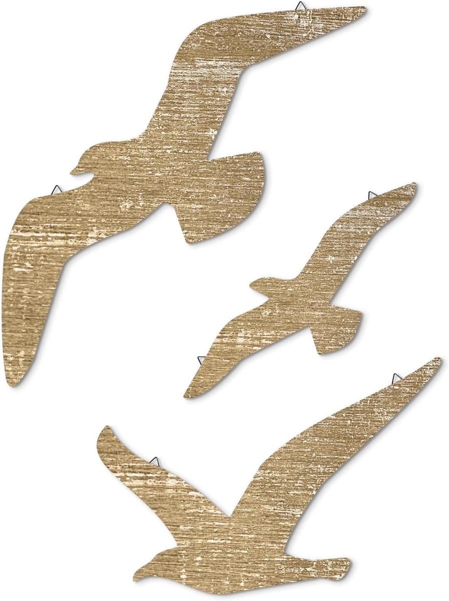 SnelShoppen - Houten Meeuwen Wanddecoratie Set - Rustieke Kustvogelsculpturen met Haken - Badkamer en Woonkamer Decoratie - Nautische Oceaan Thema - 1