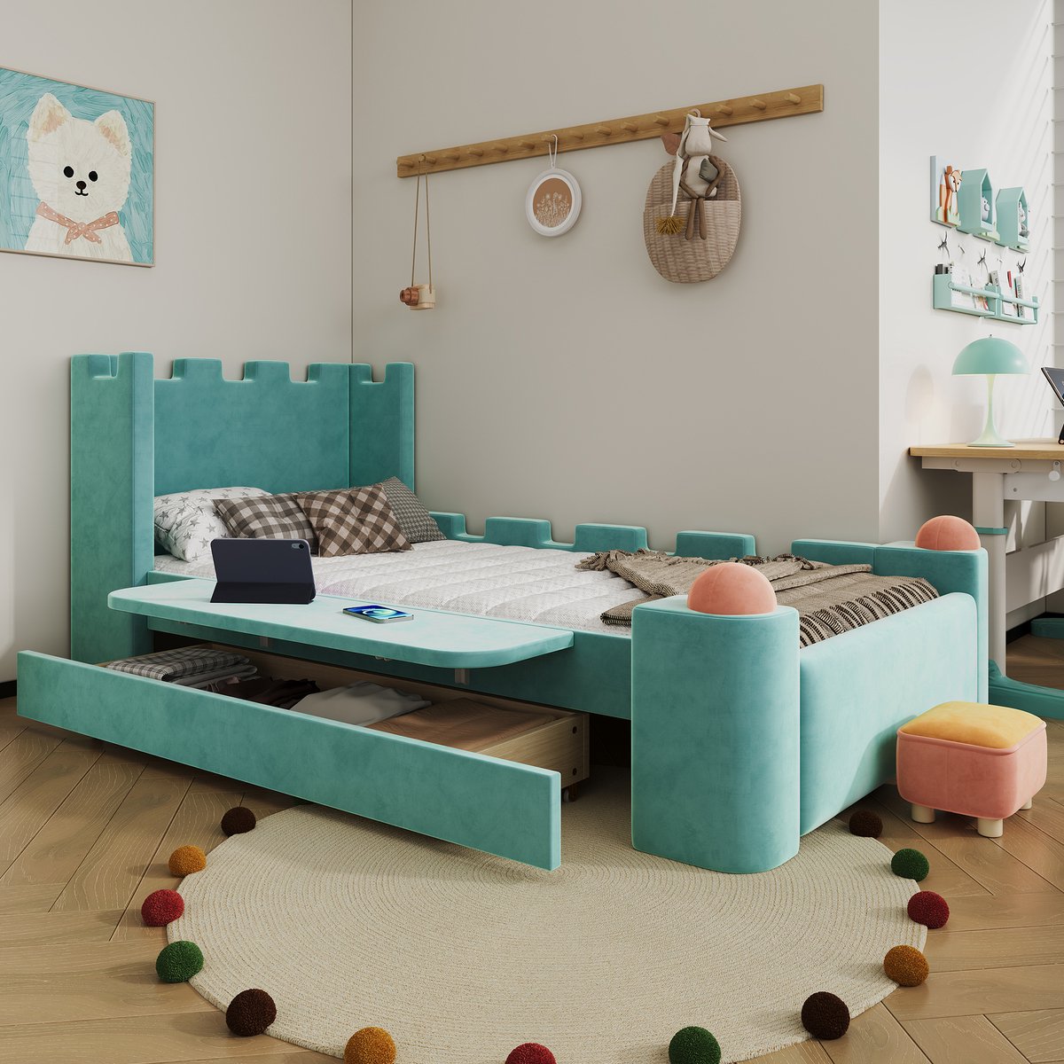 Kinderbed 90x200 cm - Gestoffeerd Eenpersoonsbed Met Klapbare Zijplank En Opberglade - Zonder Matras - Kasteelontwerp - Stof - Blauwgroen