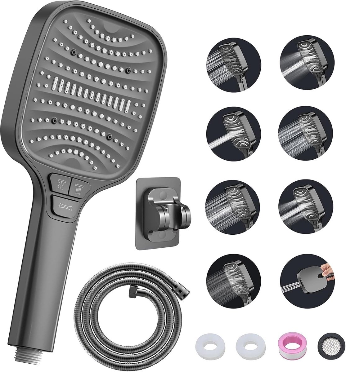SnelShoppen - High Pressure Douchekop - Vierkante Handdouche met 8 Spray Modi - Krachtige Versterking - RVS Slang 1.5m - Upgrade voor Badkamer - Inclu