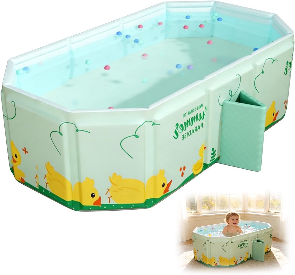 Opvouwbare babybadkuip voor kinderen en baby's, draagbaar en ruimtebesparend, 78 x 45 x 30 cm, ideaal voor thuisgebruik, groen met lotusbladdesign