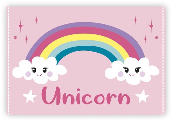 Roze kaart met een regenboog, twee lachende wolken en de tekst 'Unicorn' met sterren.