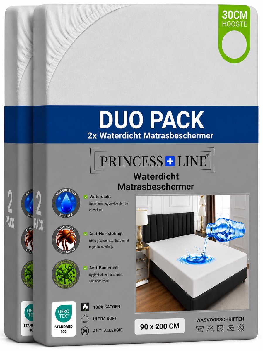 Princess Line Waterdichte Molton Badstof - Matrasbeschermer 90x200 cm - 1-Persoons - Set van 2 - Wit