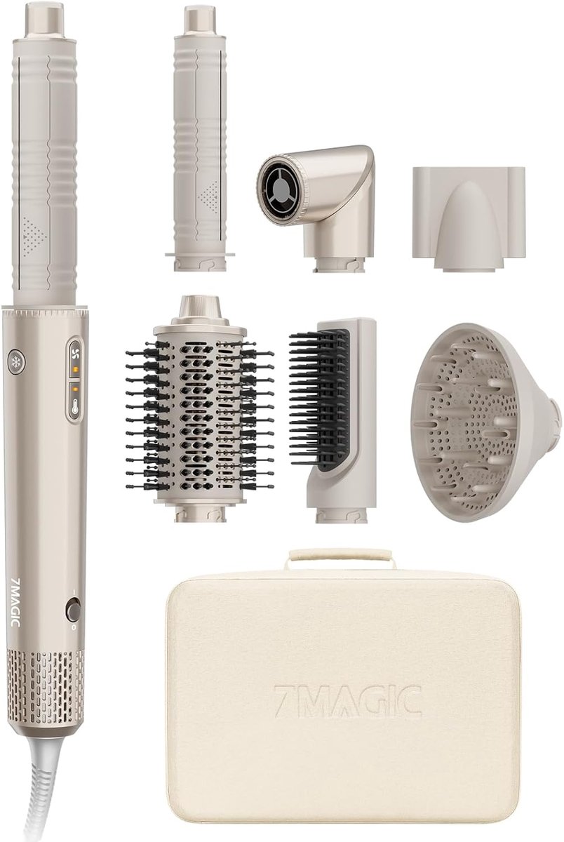 SnelShoppen - 7MAGIC 7 in 1 Haarstyler - Föhn met Diffuser, Automatische Krultang, Warmeluchtborstel, Rechte Haringborstel, 1400W, 110.000 RPM, Voor S